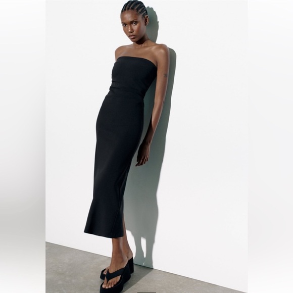 NWOT ZARA Beautiful Black Strapless Midi Dress with Slit - Women’s Medium - Picture 2 of 9